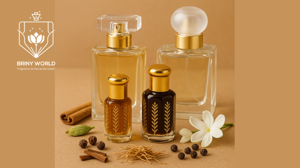 Attar bottles, perfume bottles, and natural spices like cardamom and cinnamon used in Brinyworld fine fragrance creation.